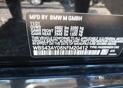 2022 BMW M3 Competition xDrive z USA, uszkodzony, nr VIN WBS43AY06NFM20412